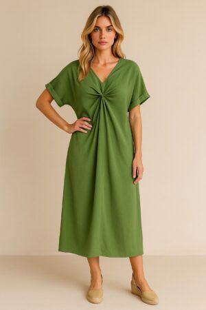 Vestido manga corta efecto nudo centro