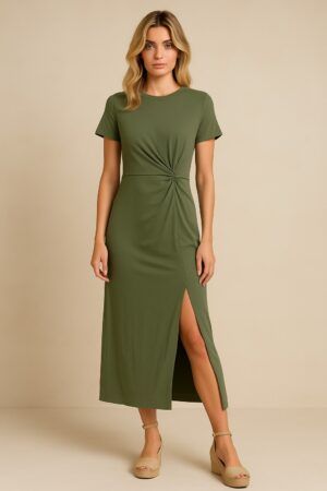 Vestido largo manga corta efecto nudo